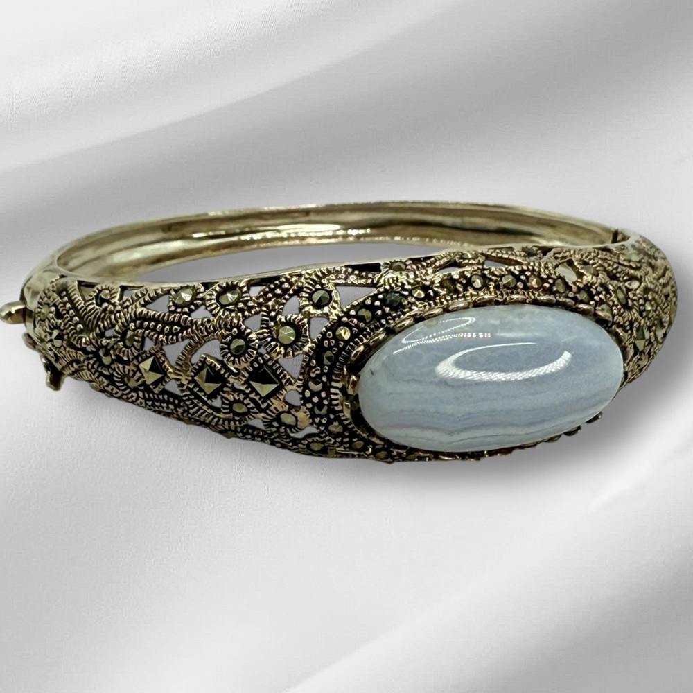 Vintage Sterling Silver Marcasite & Blue Lace Agate Hinged Bangle Bracelet 6.5-7 - Picture 5 of 17